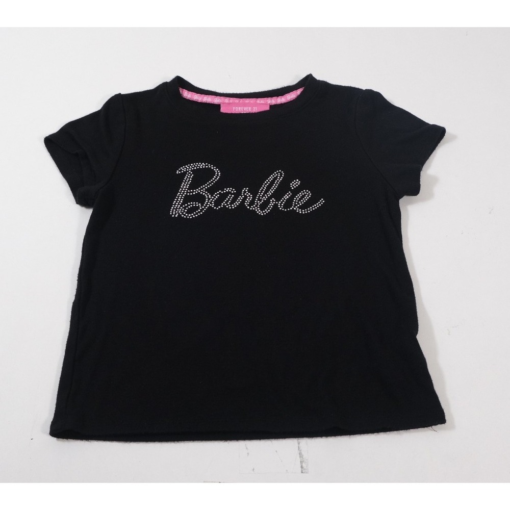 Forever 21 T-Shirt Girls‎ 9/10 Black Barbie Graphic Rhinestone Short Sleeve Tee